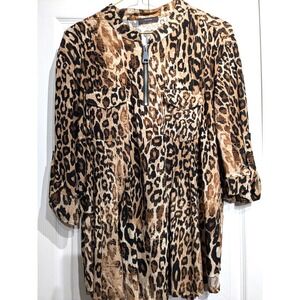 Vtg.‎ Cocomo Shirt Womens L Brown Leopard Animal Print 3/4 Roll Tab Sleeve Top